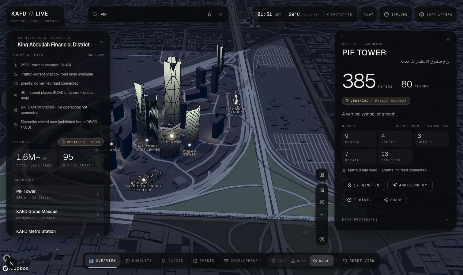 KAFD LIVE at night: 3D towers with the PIF Tower card open