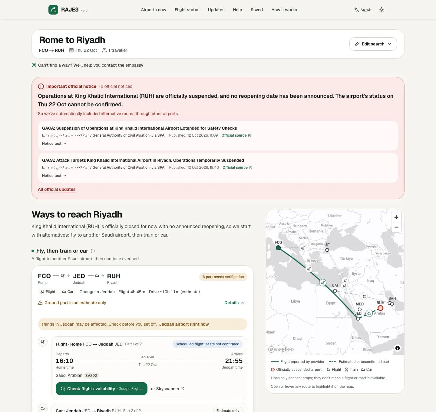 RAJE3 results for Rome to Riyadh with official notices and a route map